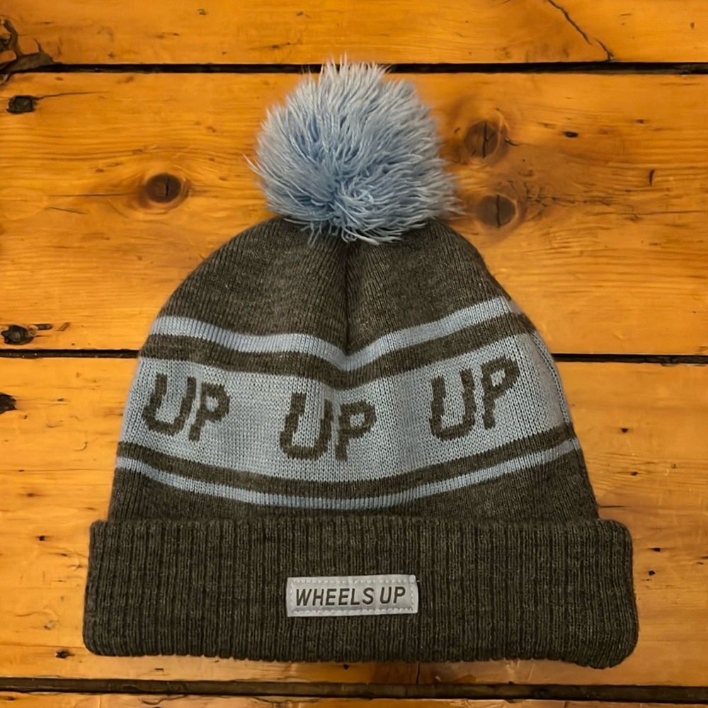 Wheels Up Grey/Light Blue Pompom Fleece-Lines Winter Beanie